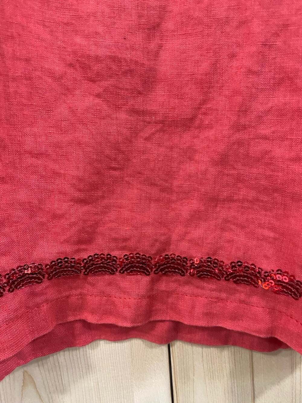Lulu-B Top Size S Pink Linen Sequin Trim 3/4 Sleeve V-Neck Popover Blouse - Picture 2 of 9